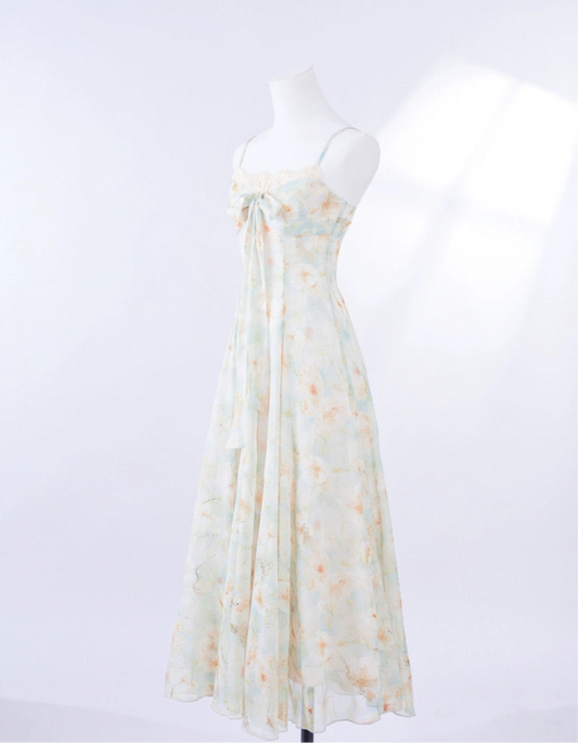 涟心蕊 碎花烫金蝴蝶结吊带连衣裙 Lianxinrui – Floral Foil-Print Bowknot Camisole Dress