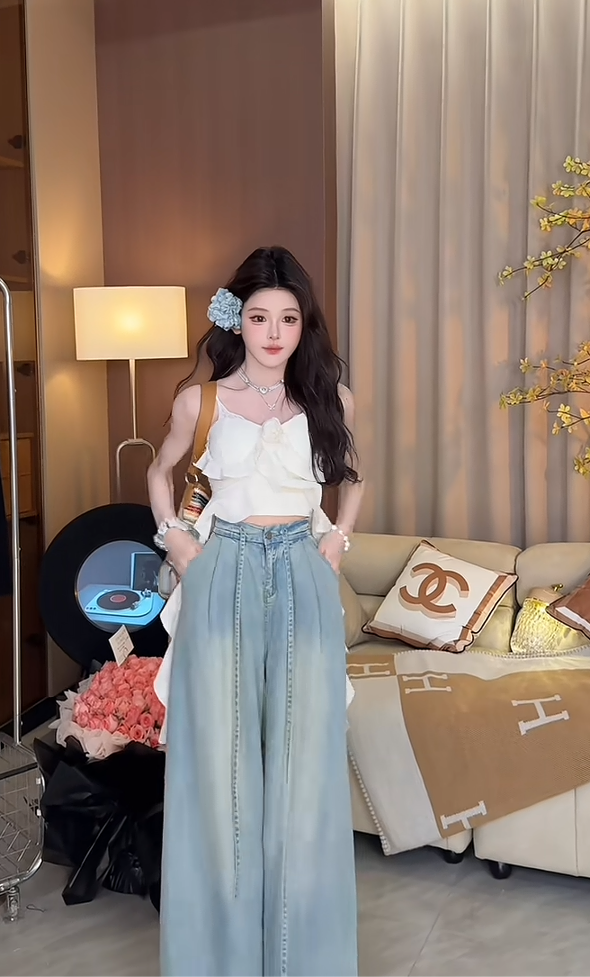 悠然小姐 玫瑰抹胸牛仔阔腿裤套装 Miss Serenity Rose Denim Tube Top and Wide-Leg Pants Set