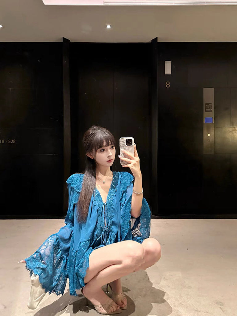蓝韵名媛 气质名媛孔雀蓝蕾丝性感上衣 Peacock Blue Lace Sexy Top