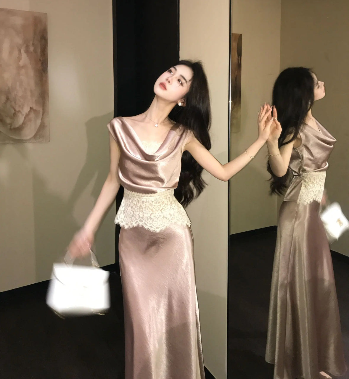 万里可期 无袖荡领蕾丝上衣/鱼尾半裙 Sleeveless Drape-Neck Lace Top / Mermaid Skirt