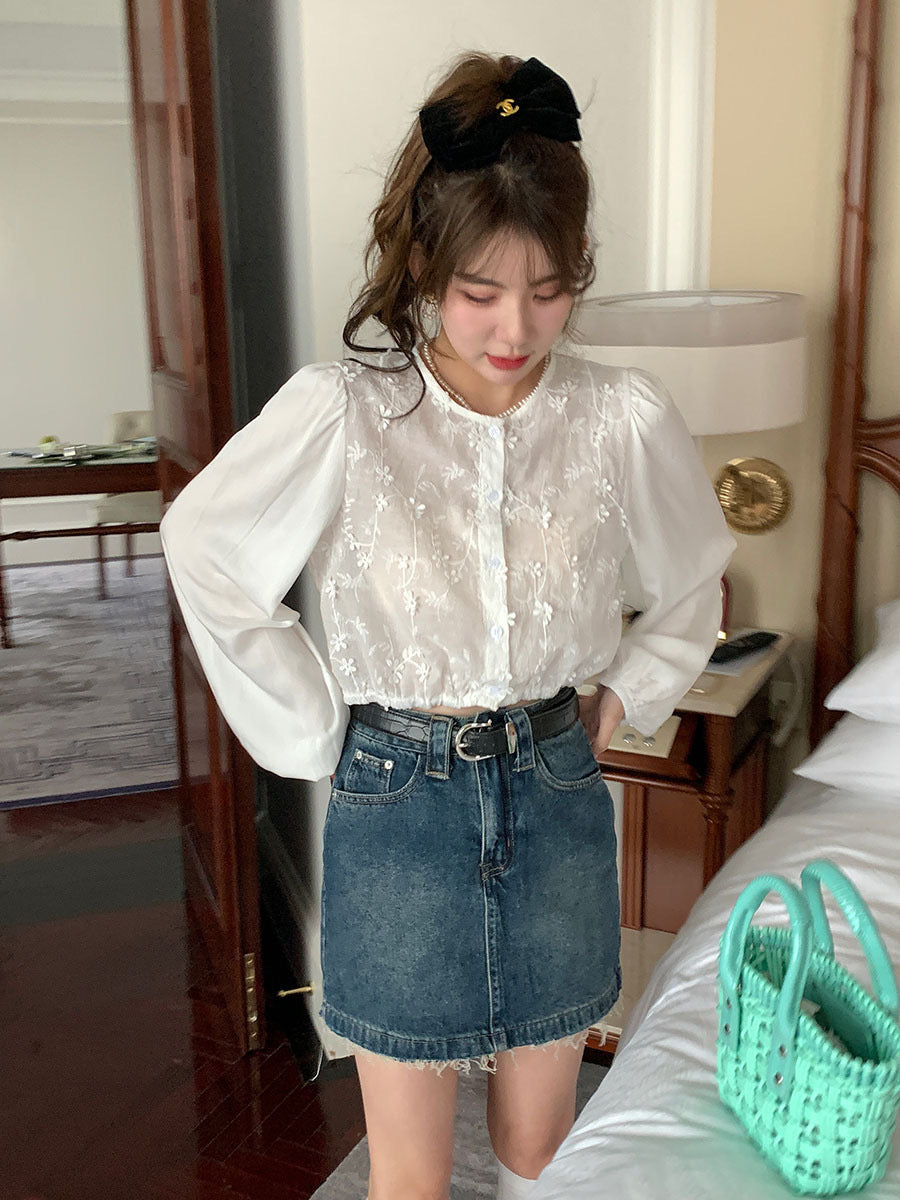 夏季刺绣花朵长袖衬衫 Embroidered Flower Long Sleeve Shirt