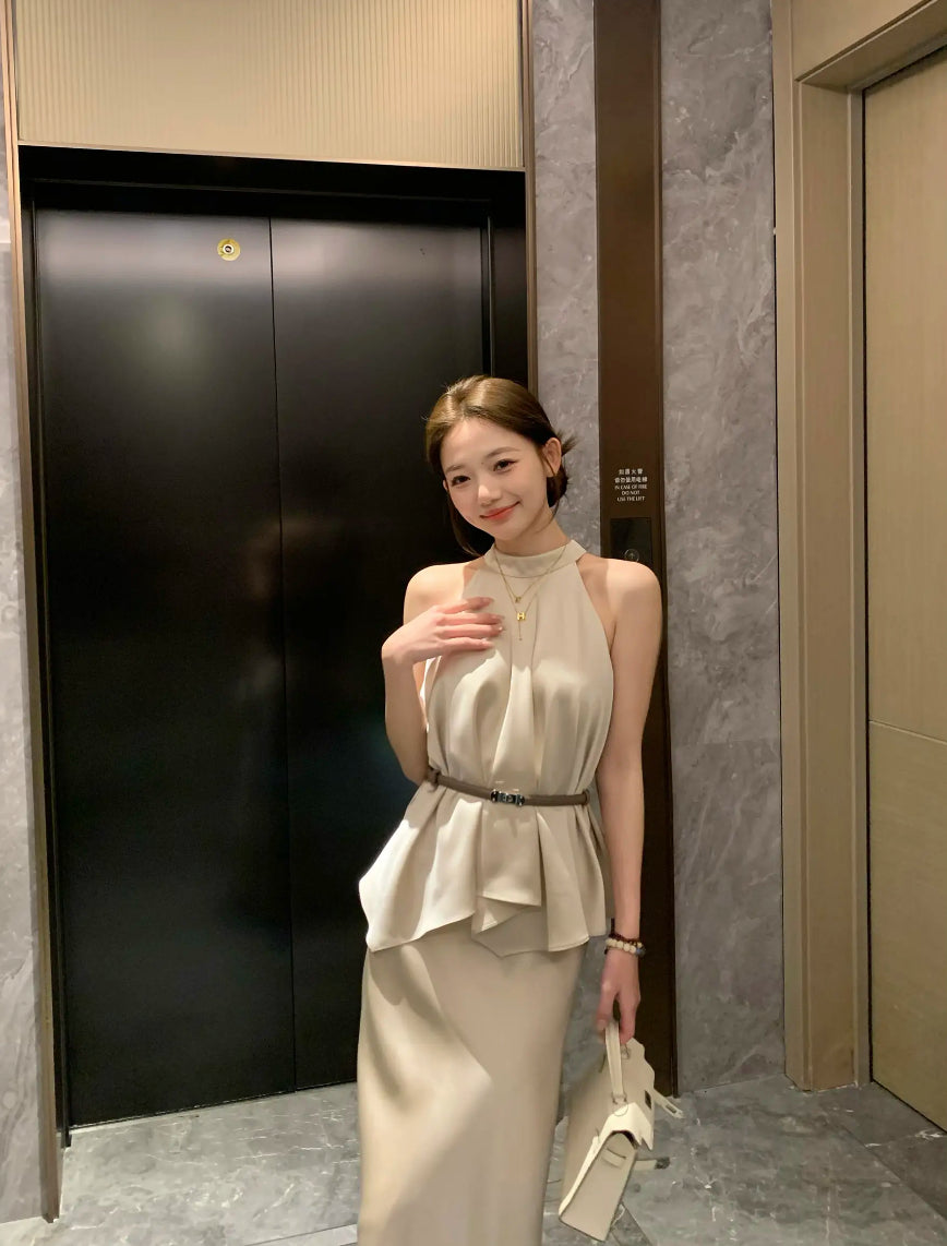 矜贵佳人 高级感无袖挂脖气质上衣/半裙套装 Elegant Sleeveless Halter Neck Top/Skirt Set