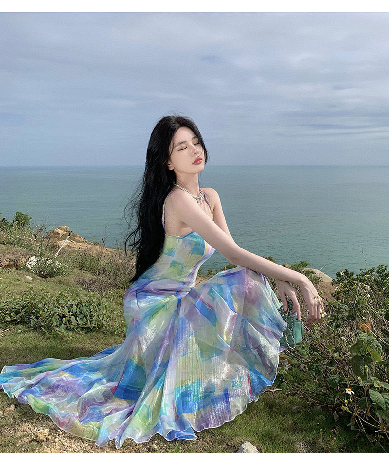 人鱼诱惑 - 设计感渐变收腰吊带连衣裙 Mermaid Temptation - Gradient Design Waist Cinched Halterneck Dress