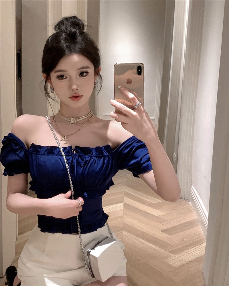 仲夏夜之梦 - 方领泡泡袖缎面短袖上衣 Midsummer Night's Dream - Square Neck Satin Short Sleeve Top