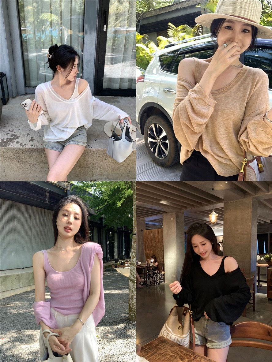 风吹轻纱 - 水溶羊毛防晒针织上衣/长袖罩衫T恤 Gentle Breeze - Sheer Water-Soluble Wool Sun Protection Knit Top/Long Sleeve Cover-up T-Shirt