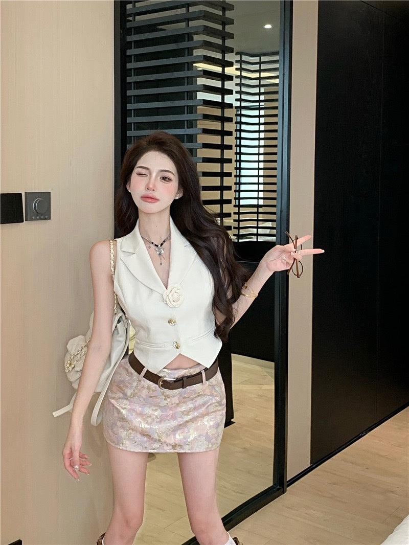 风雅花香 - 夏季小香风设计感无袖短款上衣/半裙 Summer Coco Chanel-inspired Sleeveless Crop Top/Mini Skirt