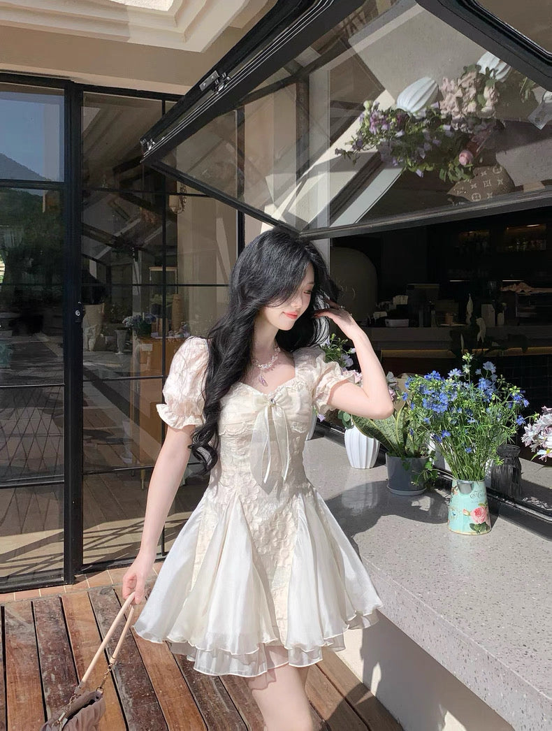 白茶与风 气质剪花蓬蓬网纱公主裙 White Tea and Wind Elegant Embroidered Tulle Princess Dress