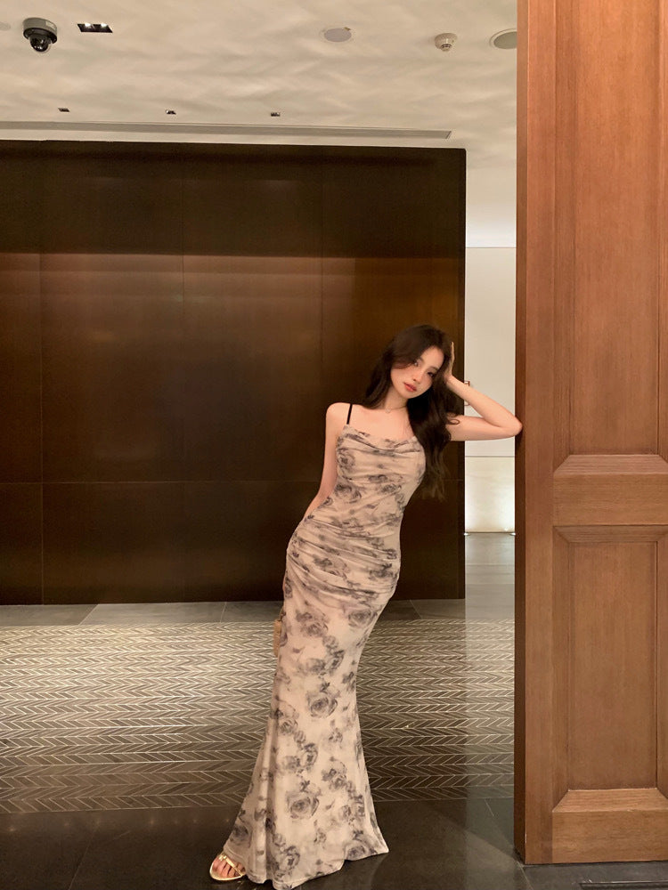 雾灵绚烂 - 法式纯欲网纱印花吊带连衣裙 French Printed Mesh Camisole Dress