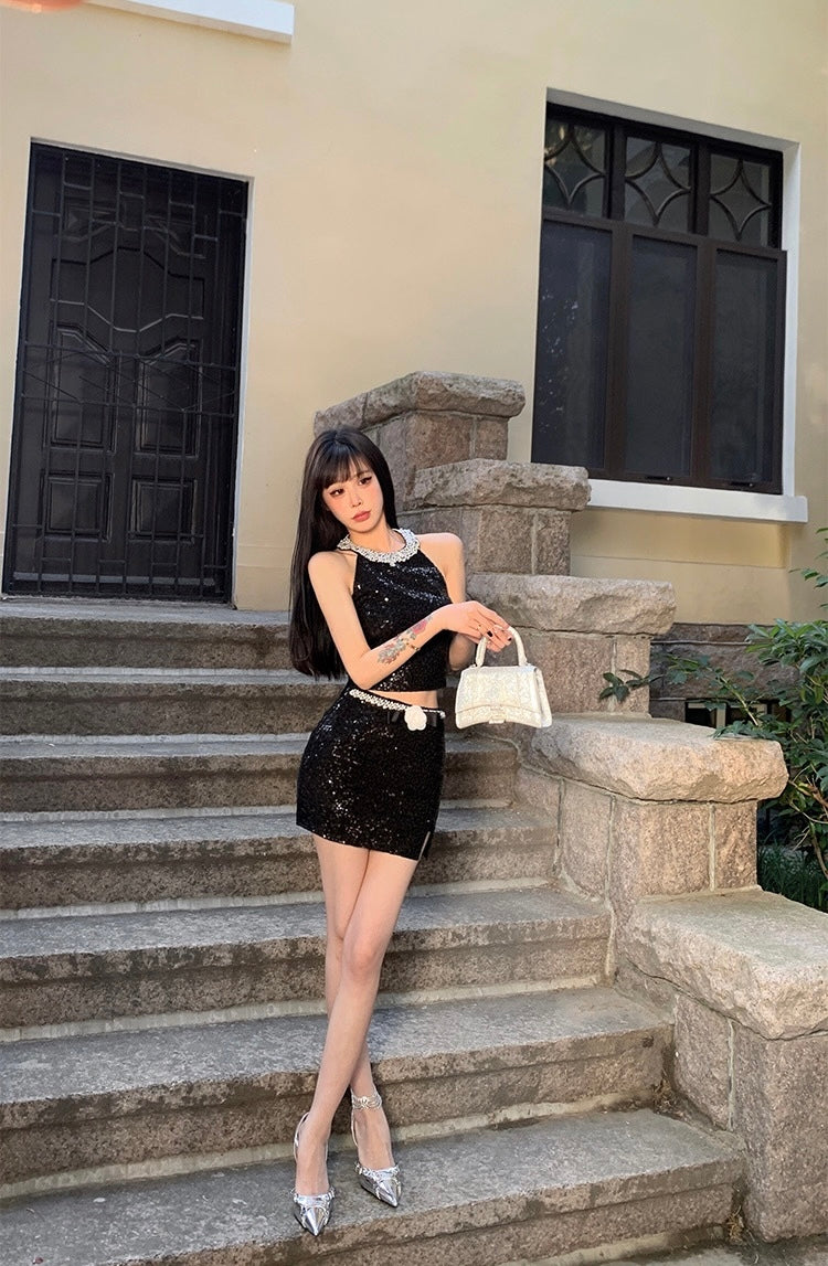 黑金优雅 - 辣妹性感亮片挂脖上衣/包臀半裙 Sexy Glitter Halter Top / Bodycon Mini Skirt