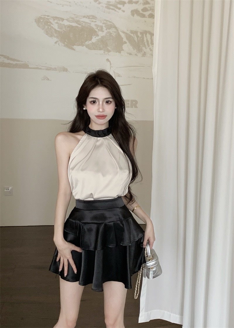 黑金流光 - 温柔风气质无袖挂脖上衣/半身裙Gentle and Elegant Sleeveless Halter Top / Midi Skirt