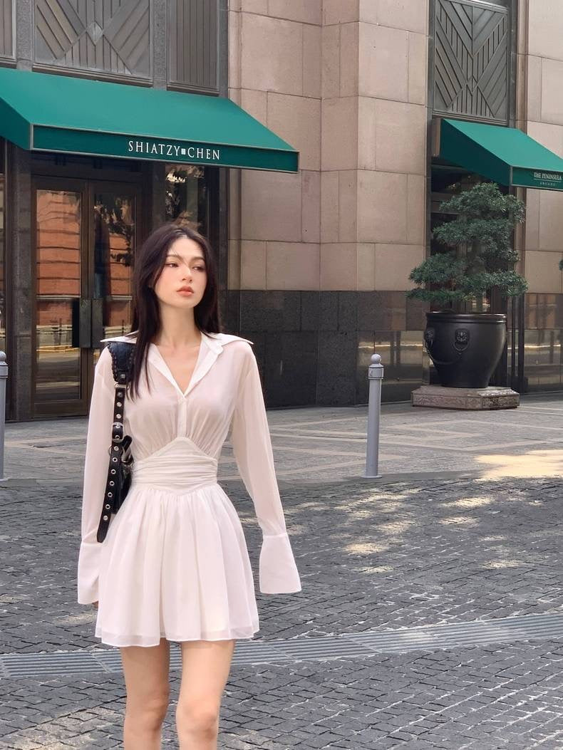 黑白绚烂 - 气质褶皱收腰长袖连衣裙 Elegant Pleated Waist Long Sleeve Dress