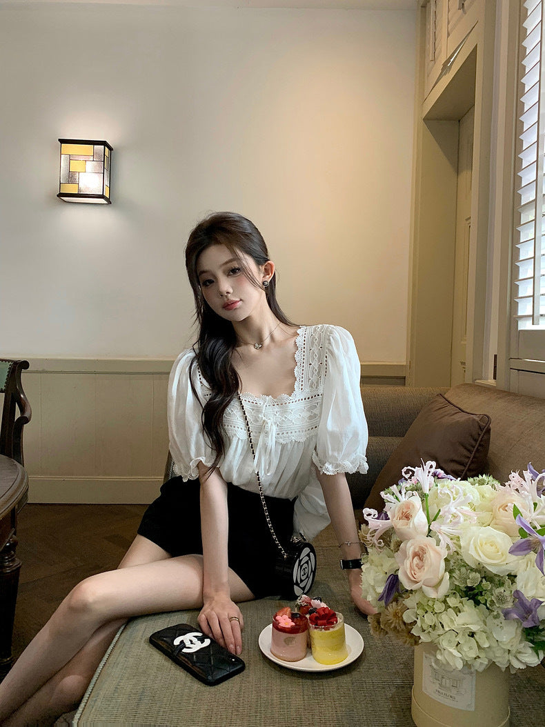佩蒂小姐 - 法式蕾丝刺绣镂空衬衫/短款 French Lace Embroidery Hollow Out Shirt/Shorts