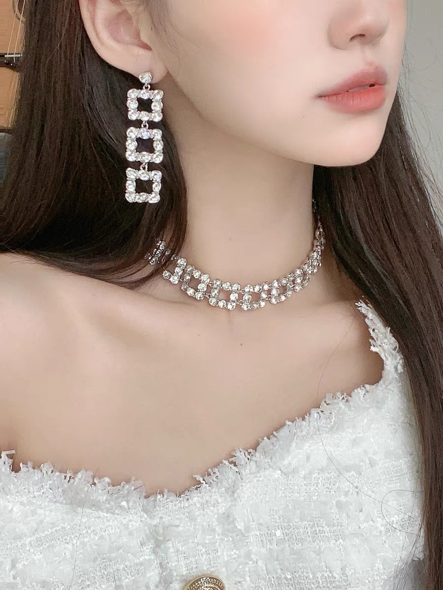 海洋遗珠 - 几何方形水钻锁骨项链与镂空长款耳环 Ocean Treasure - Geometric Square Crystal Collar Necklace and Long Hollow Earrings