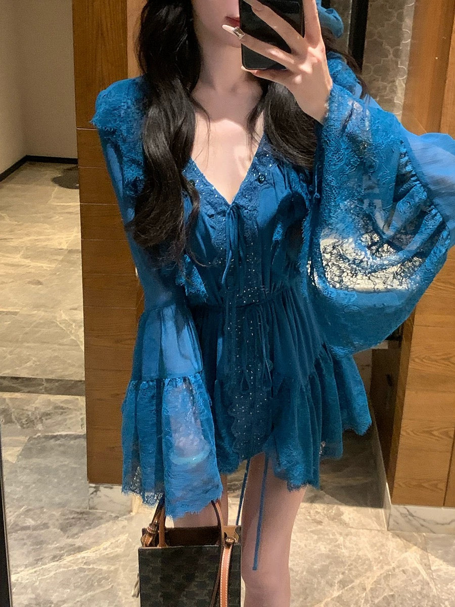 蓝韵名媛 气质名媛孔雀蓝蕾丝性感上衣 Peacock Blue Lace Sexy Top