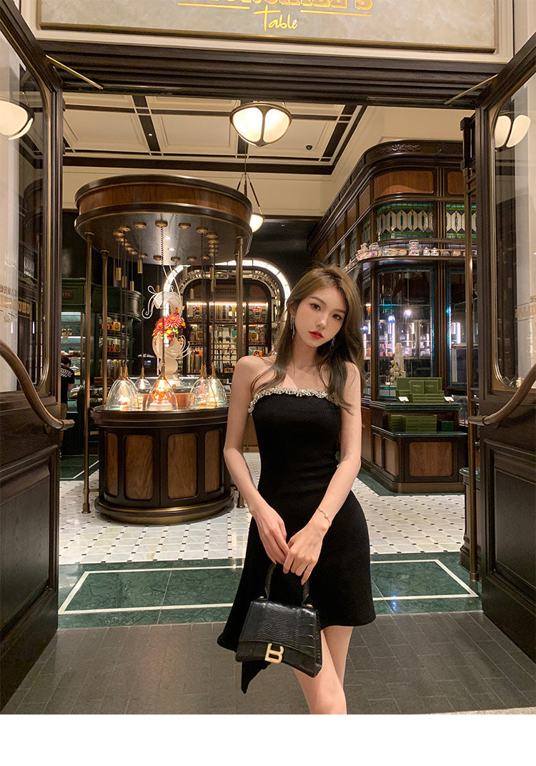 黑玫瑰魅 - 法式钻顶抹胸露肩晚装连衣裙 French Rhinestone Strapless Off-Shoulder Evening Gown