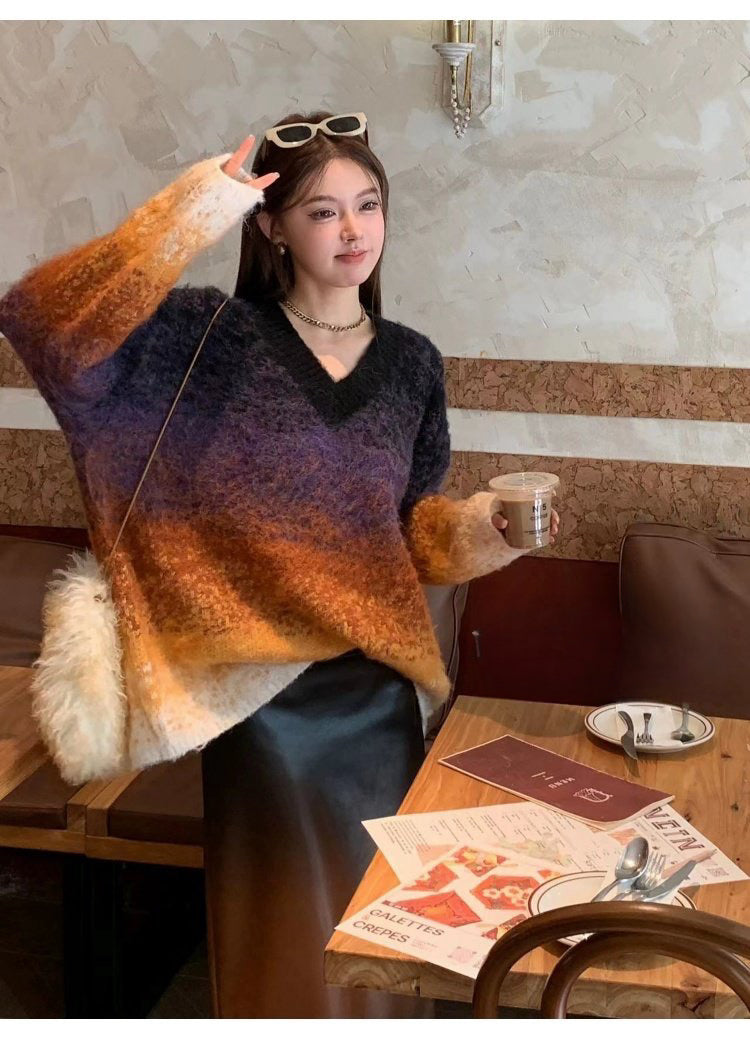 落日晚霞 - 松软渐变宽松针织长袖毛衣 Soft Gradient Loose-Fit Knit Sweater