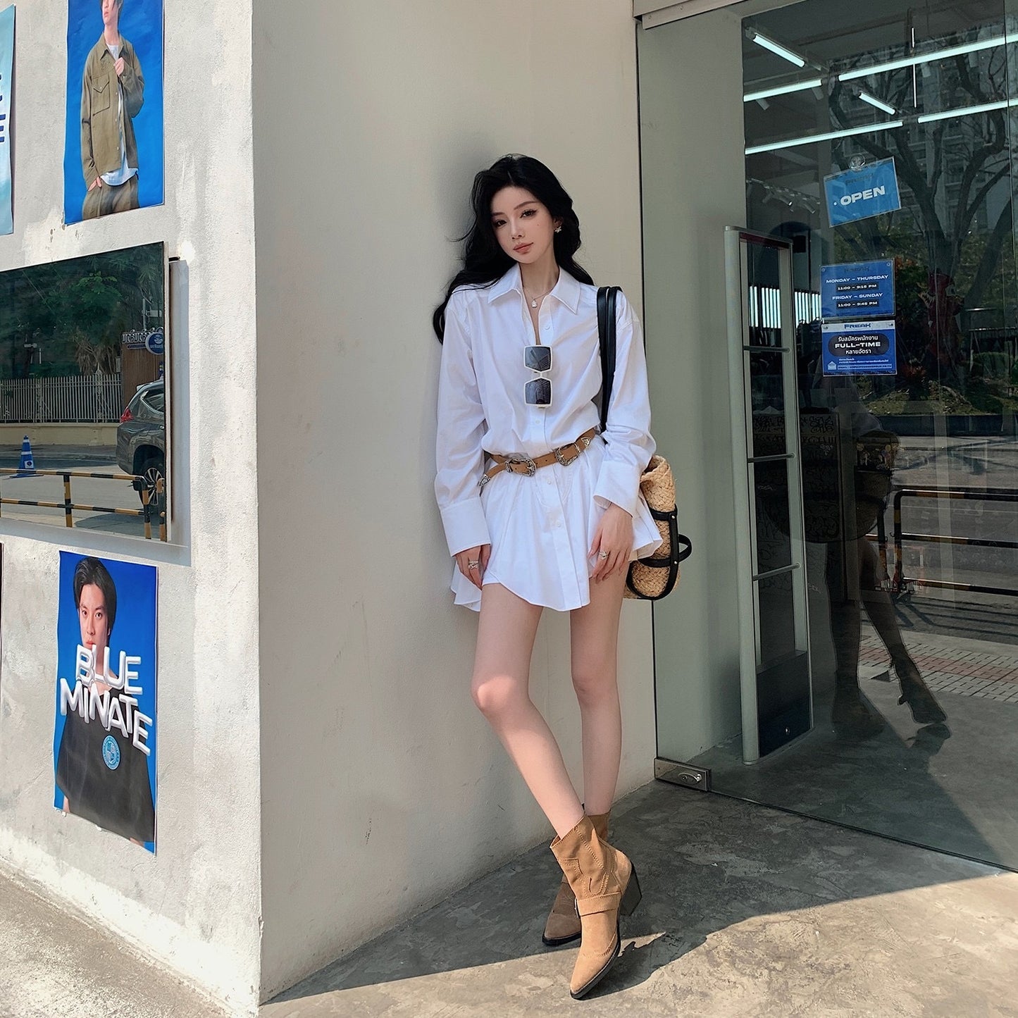 不失调性 自带比例长袖衬衫裙 Elegant Long-Sleeve Shirt Dress