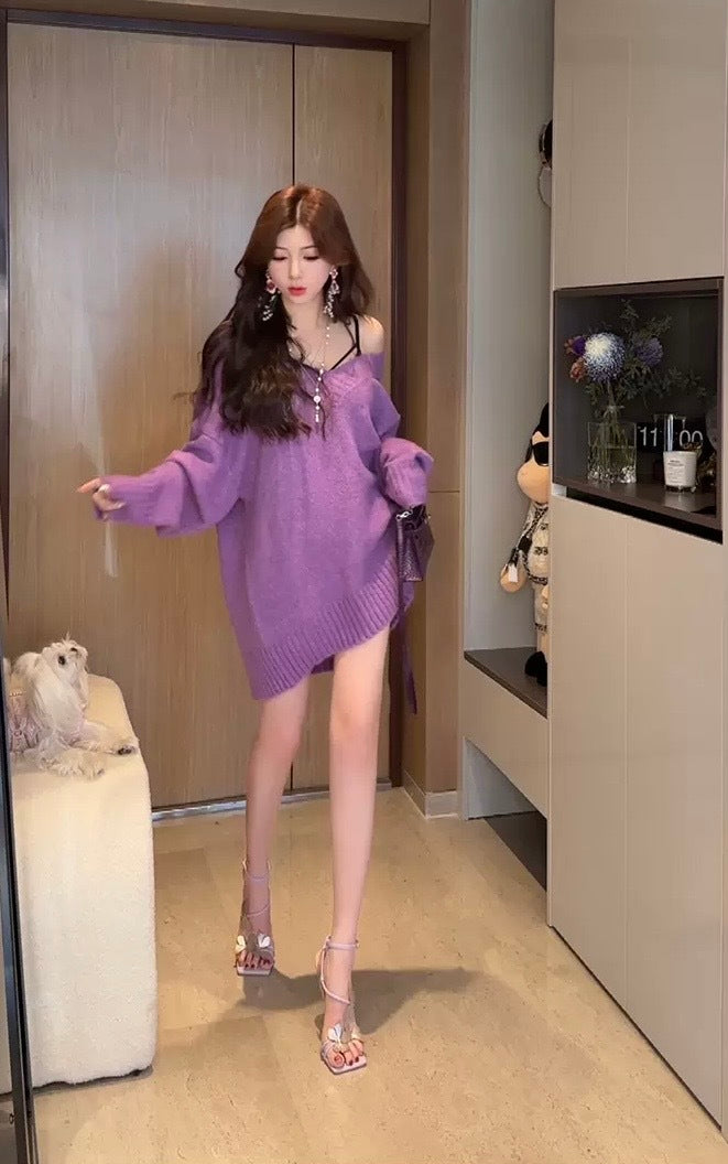 云芙紫糯 慵懒风宽松V领针织上衣 Cozy-Style Loose V-Neck Knitted Top