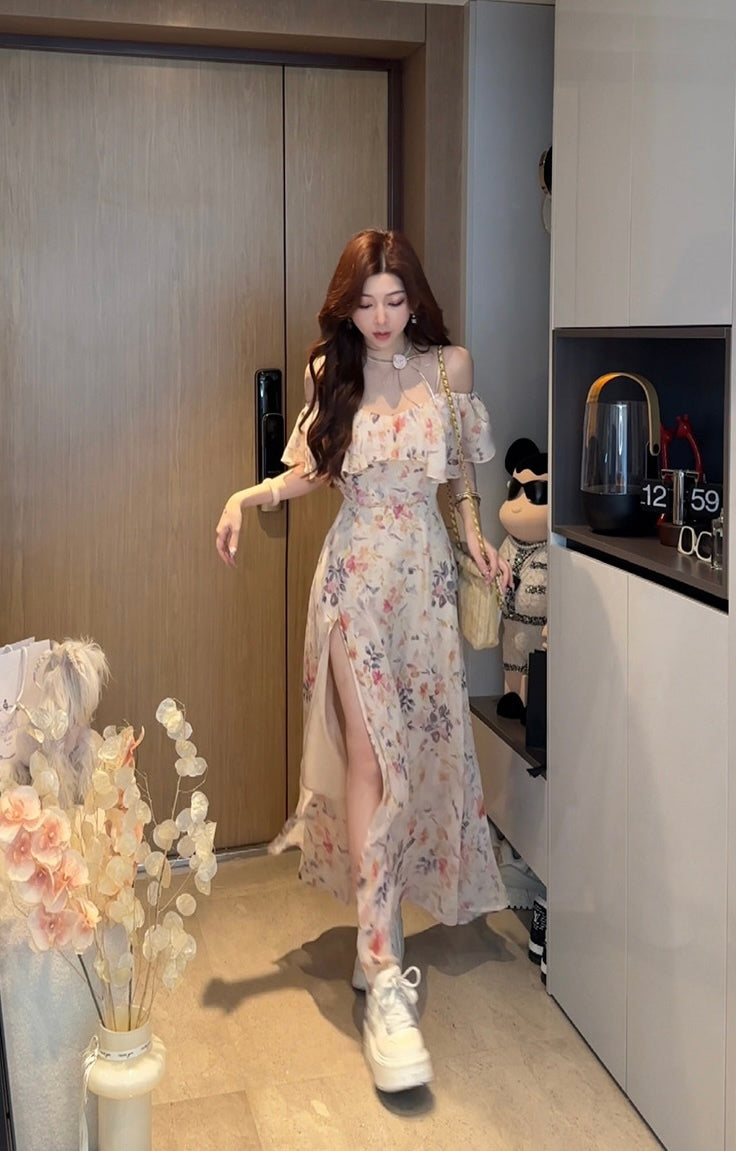 浮春碎花 度假风荷叶边修身开叉吊带连衣 Vacation-Style Ruffle-Trim Camisole Dress