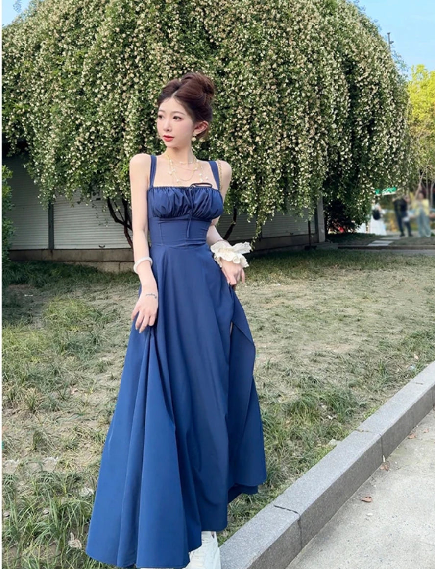 靛蓝影裙 法式风气质挂脖开叉吊带连衣裙 French Style Halter Neck Split Strap Sundress