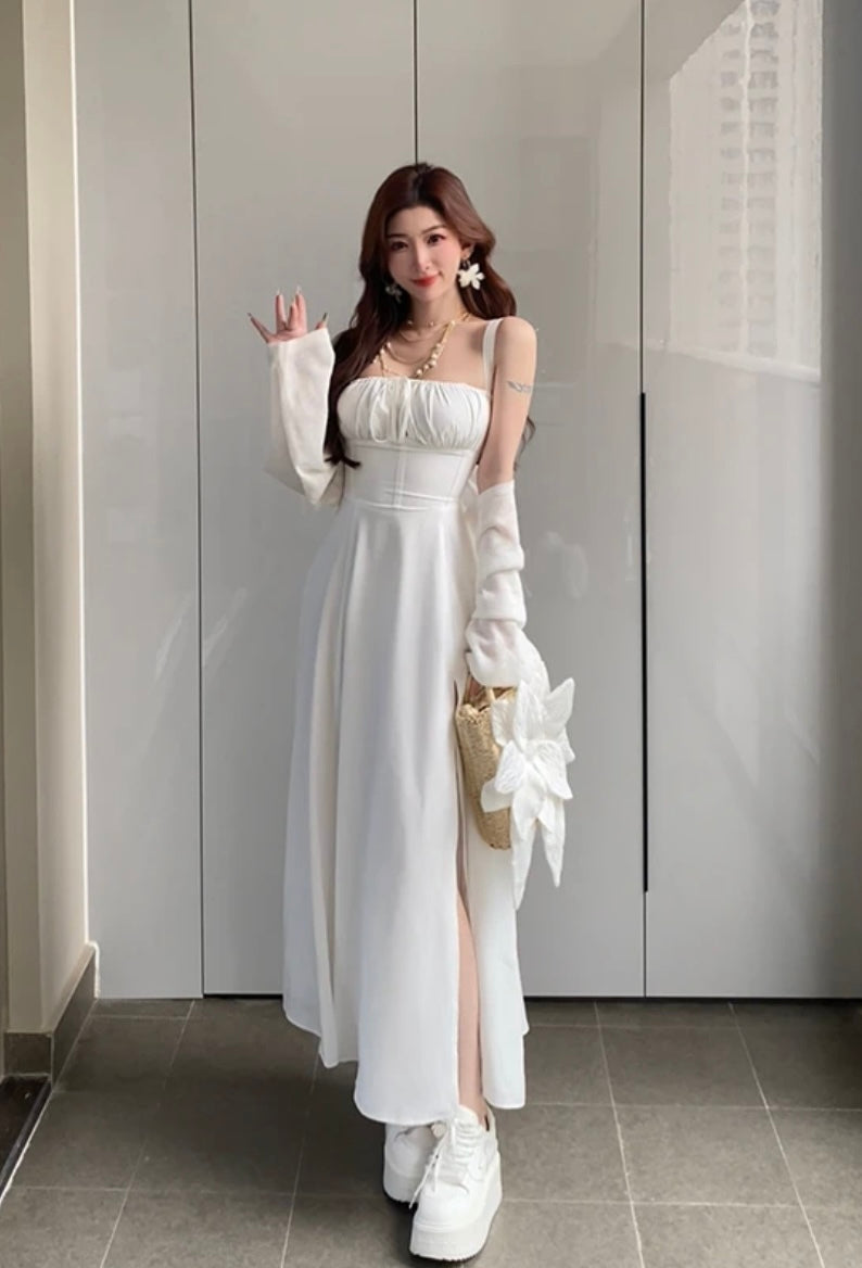 靛白影裙 法式风气质挂脖开叉吊带连衣裙 French Style Halter Neck Split Strap Sundress