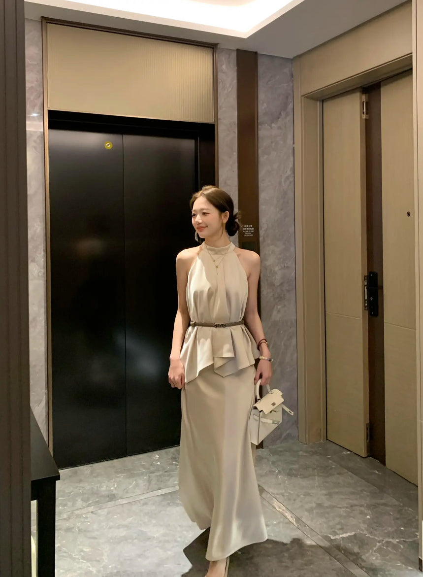 矜贵佳人 高级感无袖挂脖气质上衣/半裙套装 Elegant Sleeveless Halter Neck Top/Skirt Set