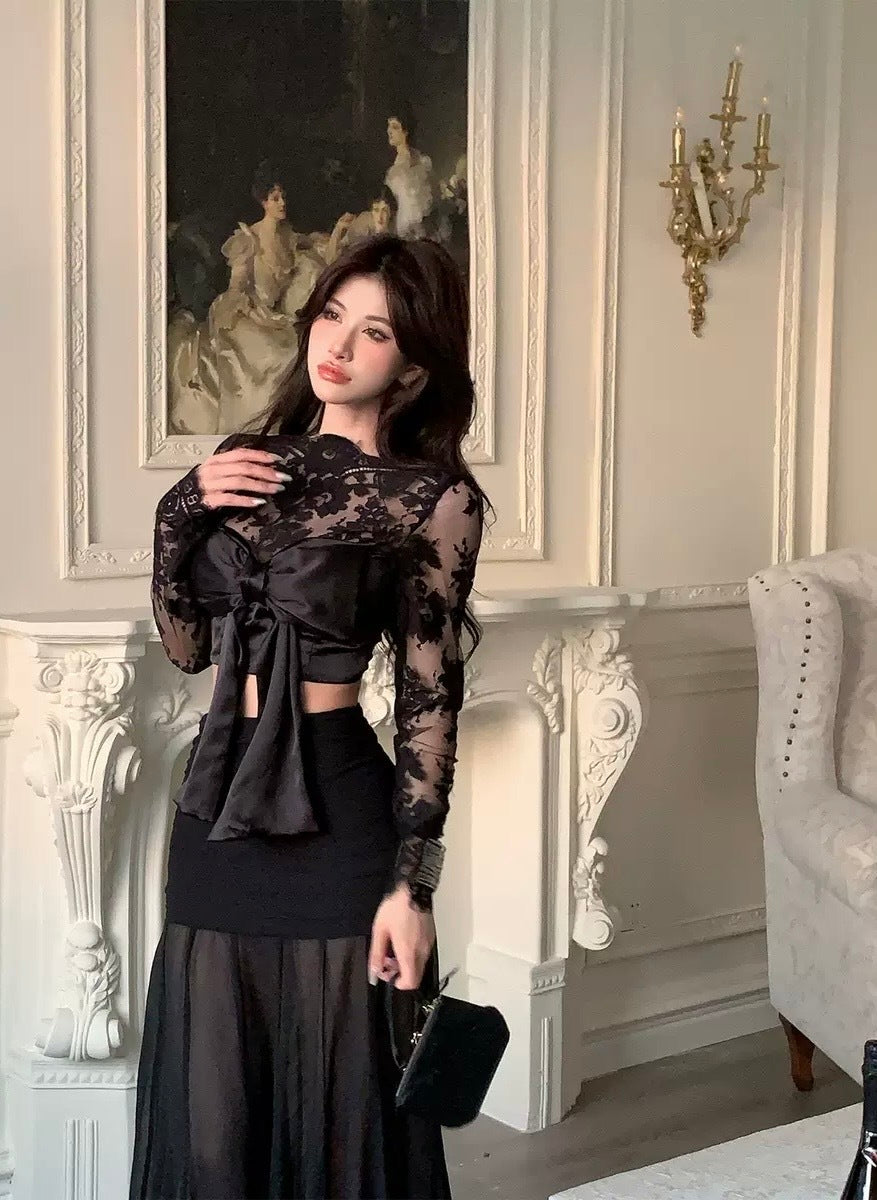 纤腰窈窕 法式蕾丝显瘦长袖上衣/包臀半裙 French Lace Slim-Fit Long Sleeve Top/Pencil Skirt