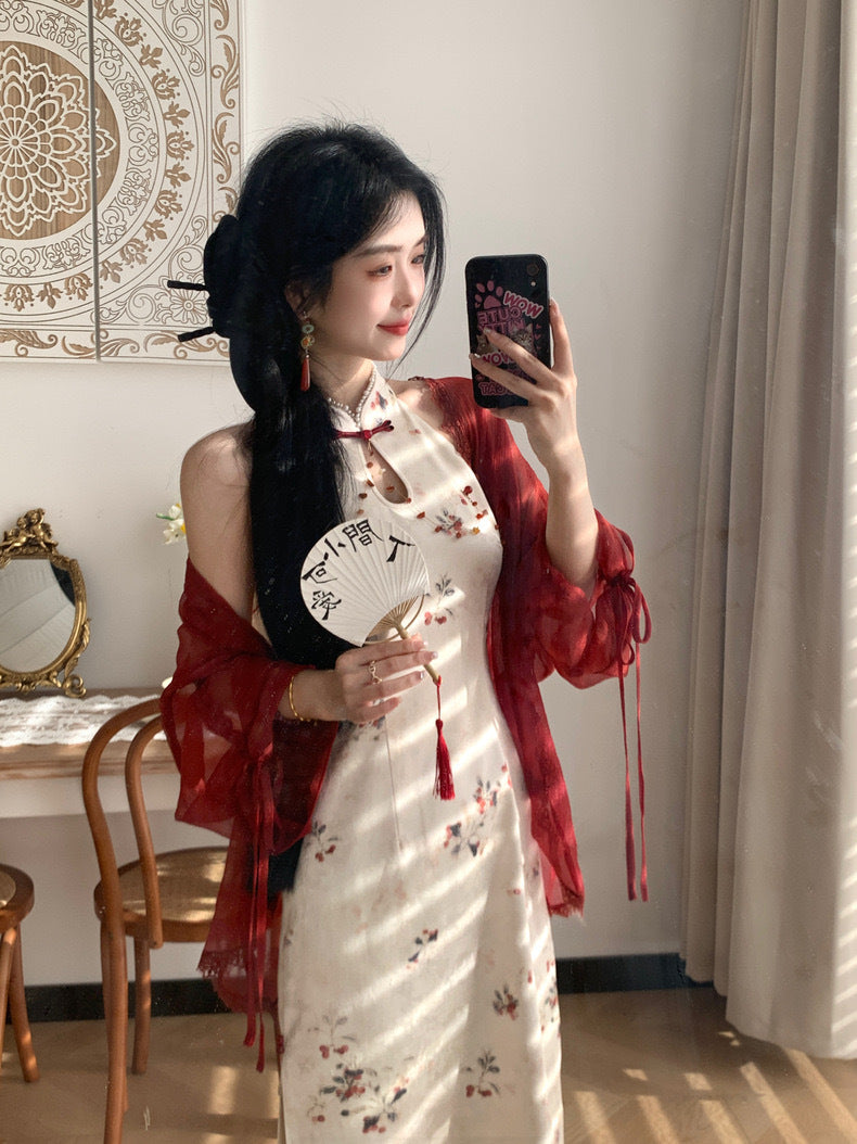 春霁枝头 新中式气质温婉印花水滴领挂脖旗袍连衣裙 Floral Print Water Drop Neck Halter Cheongsam Dress