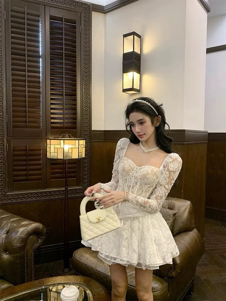 南法精灵 法式蕾丝蓬蓬裙年会战袍连衣裙 Southern French Elf French-Style Lace Puff Dress Year-End Party Gown