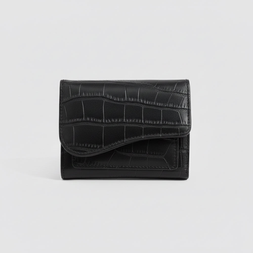 Noire Croc-Embossed Flap Wallet — Black