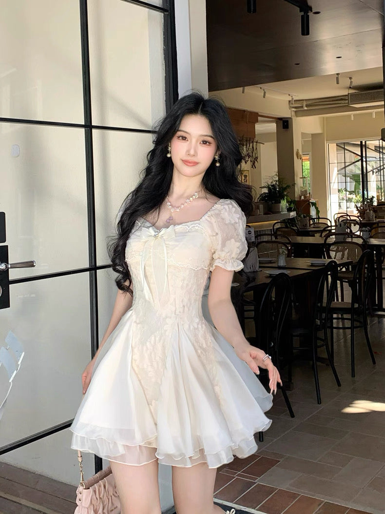 白茶与风 气质剪花蓬蓬网纱公主裙 White Tea and Wind Elegant Embroidered Tulle Princess Dress
