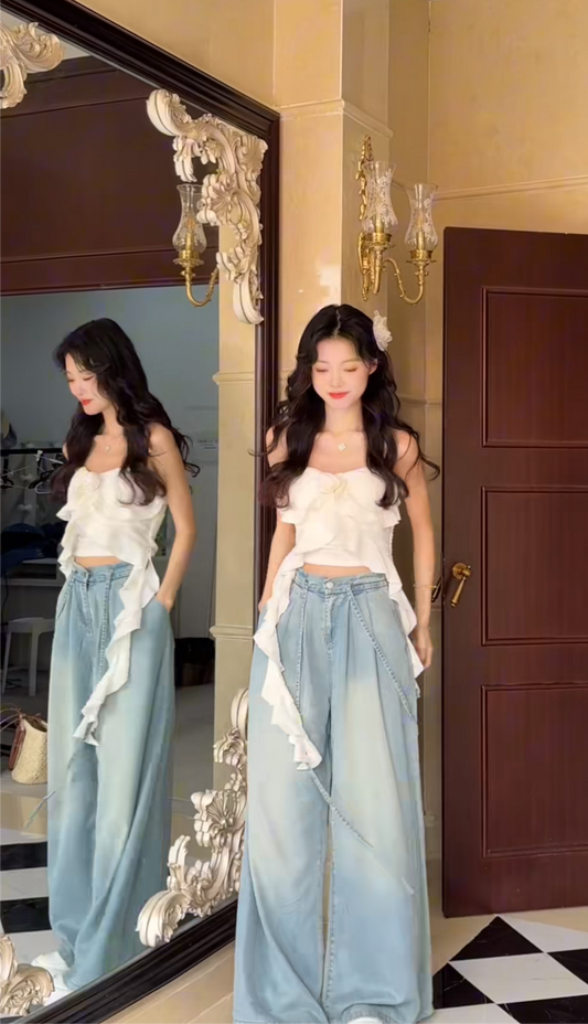 悠然小姐 玫瑰抹胸牛仔阔腿裤套装 Miss Serenity Rose Denim Tube Top and Wide-Leg Pants Set
