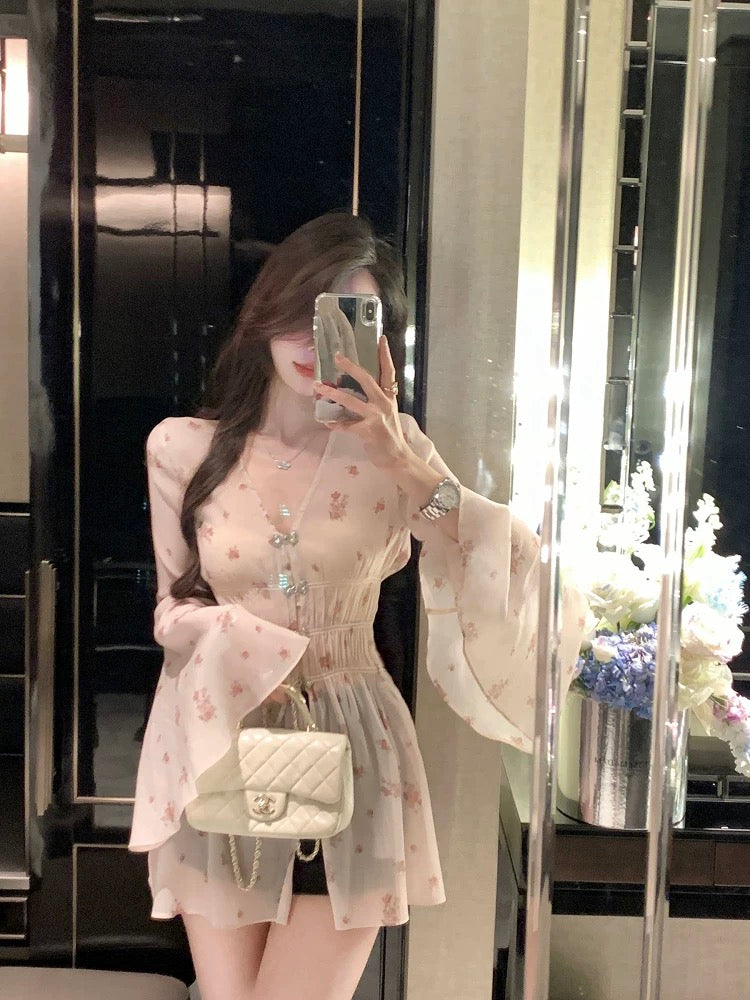 纱木梦境 夏装长袖收腰碎花衬衫 Summer Long-Sleeve Waist-Cinching Floral Shirt