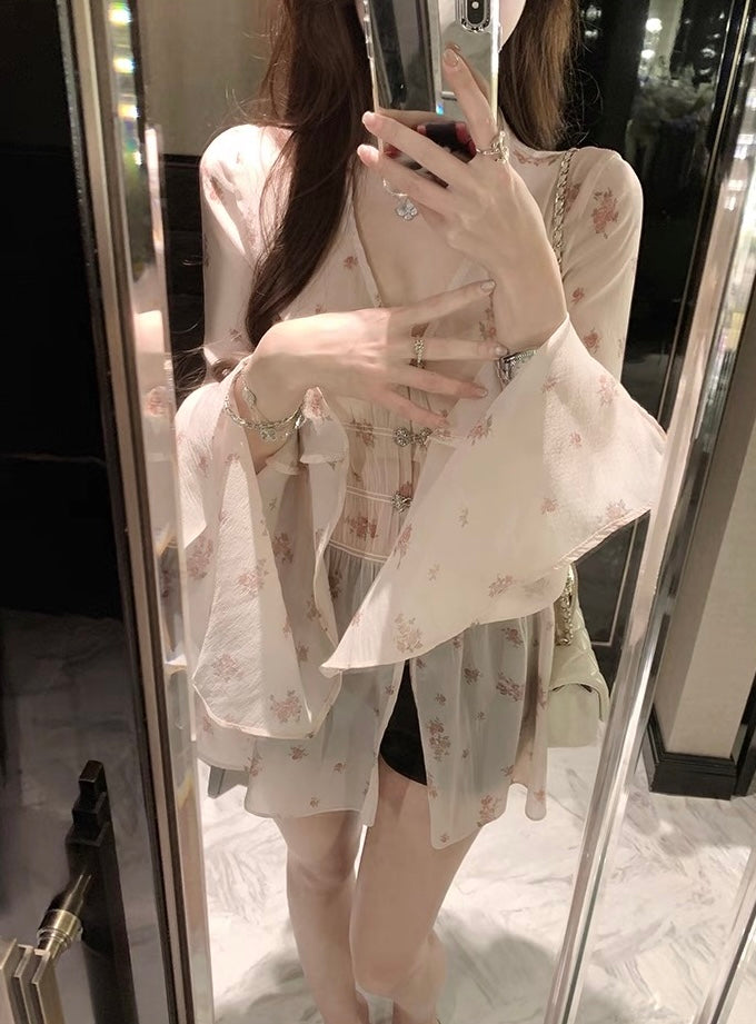 纱木梦境 夏装长袖收腰碎花衬衫 Summer Long-Sleeve Waist-Cinching Floral Shirt
