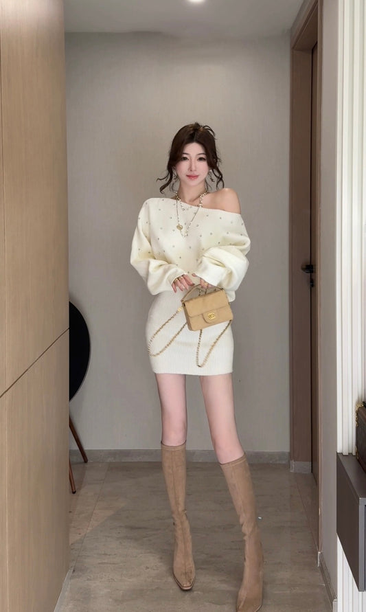 星闪流萤 复古带钻斜肩针织连衣裙 Starry Sparkle Firefly Vintage Rhinestone One-Shoulder Knit Dress