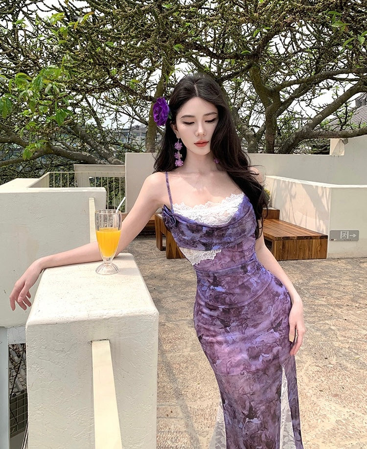 漫野栖蝶 轻熟风紫色收腰蕾丝长裙 Butterflies in the Wild – Elegant Purple Lace Maxi Dress with Cinched Waist