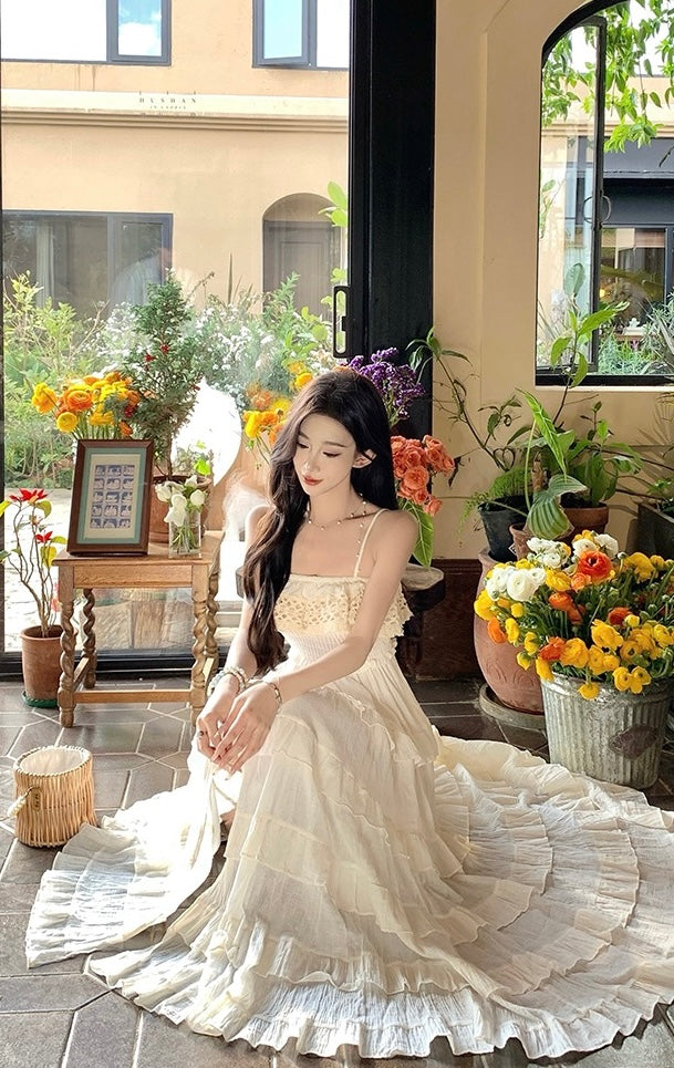 满天星辰 抹胸吊带花边连衣裙 Starry Sky Lace Trim Strapless Spaghetti Strap Dress
