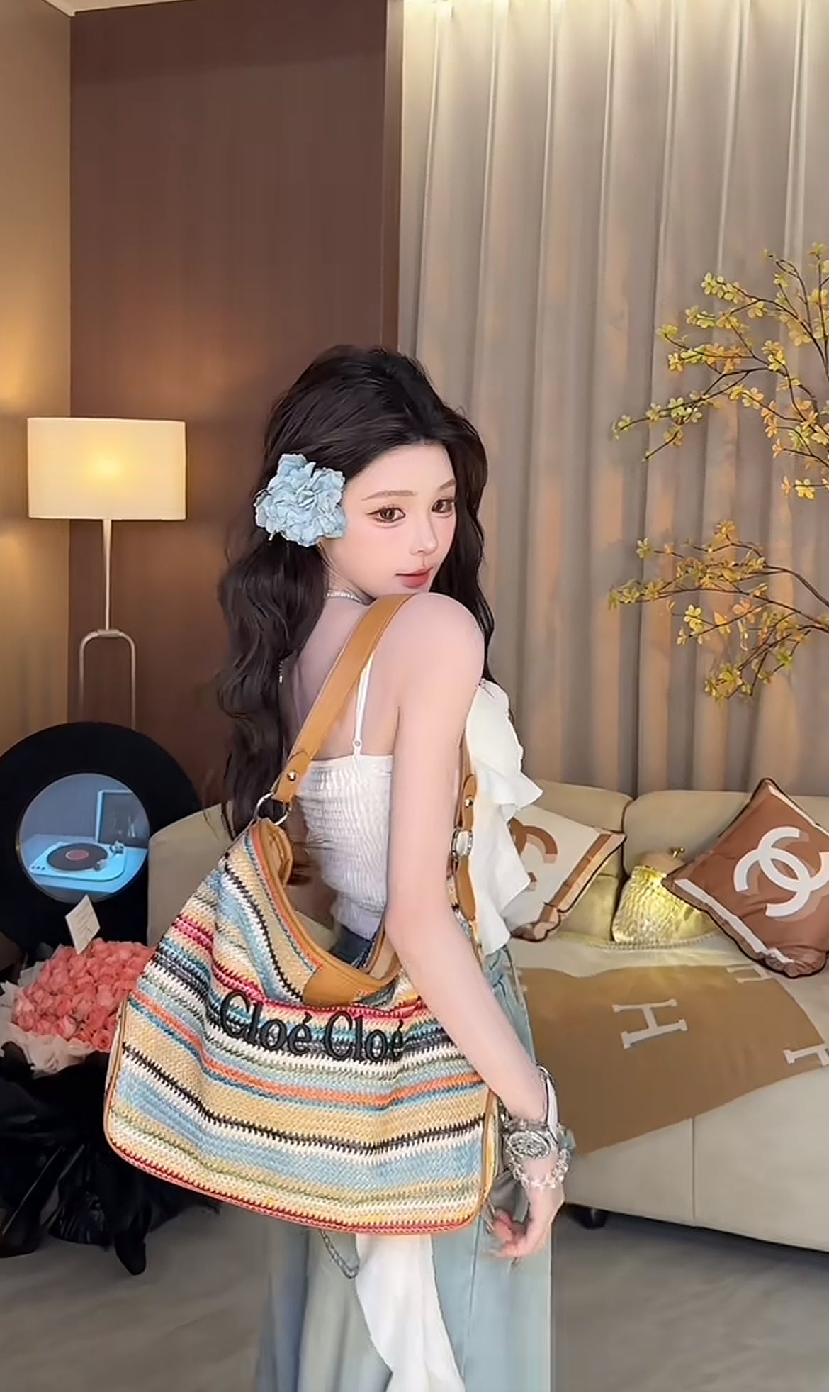 悠然小姐 玫瑰抹胸牛仔阔腿裤套装 Miss Serenity Rose Denim Tube Top and Wide-Leg Pants Set