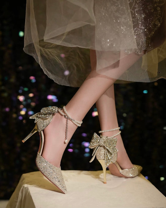 公主成年礼 亮片钻水晶蝴蝶结高跟鞋 Princess Coming-of-Age Sequin Crystal Bow High Heels