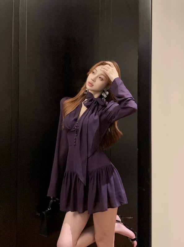 无法抗拒的紫 气质长袖短款连衣裙 Irresistible Purple Elegant Long-Sleeve Mini Dress