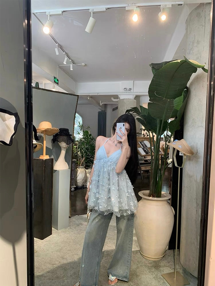 蓝色精灵 立体花朵挂脖吊带连衣裙 Blue Fairy 3D Floral Halter Neck Cami Dress