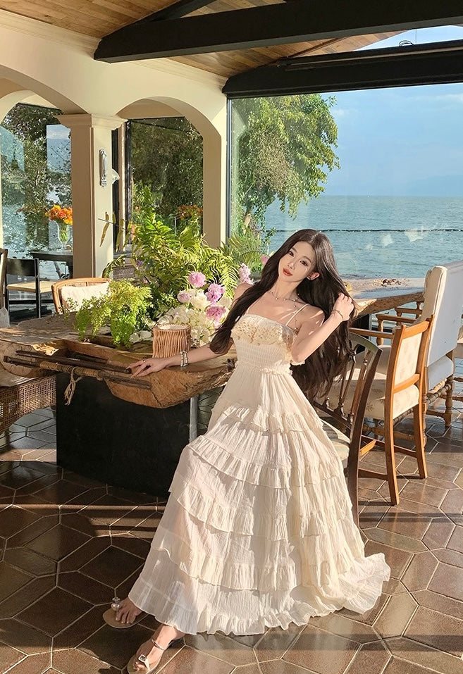 满天星辰 抹胸吊带花边连衣裙 Starry Sky Lace Trim Strapless Spaghetti Strap Dress