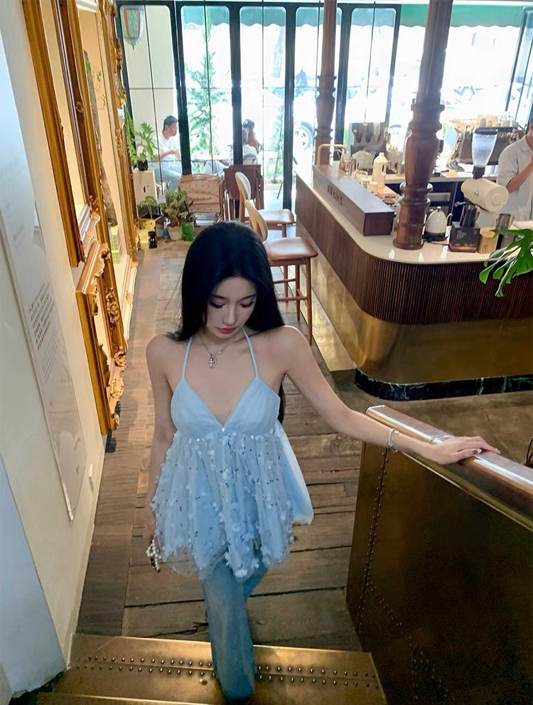 蓝色精灵 立体花朵挂脖吊带连衣裙 Blue Fairy 3D Floral Halter Neck Cami Dress