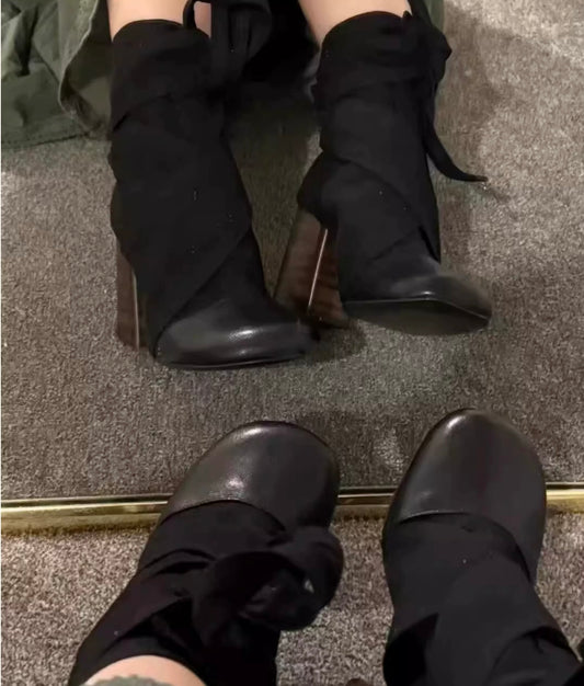 小羊皮圆头粗跟绑带短靴女鞋 Lambleather Round-Toe Chunky-Heel Lace-Up Ankle Boots