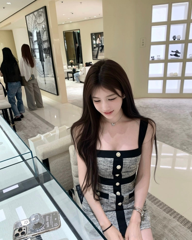 香香典藏 灰色撞色小香风连衣裙 Xiang Collection Grey Color-Block French Chic Dress