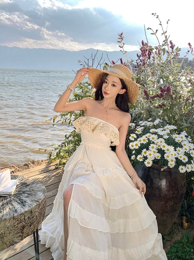 满天星辰 抹胸吊带花边连衣裙 Starry Sky Lace Trim Strapless Spaghetti Strap Dress