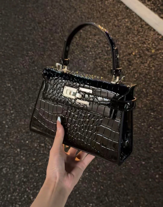 Classic Croco Embossed Kelly Top Handle Shoulder & Crossbody Bag