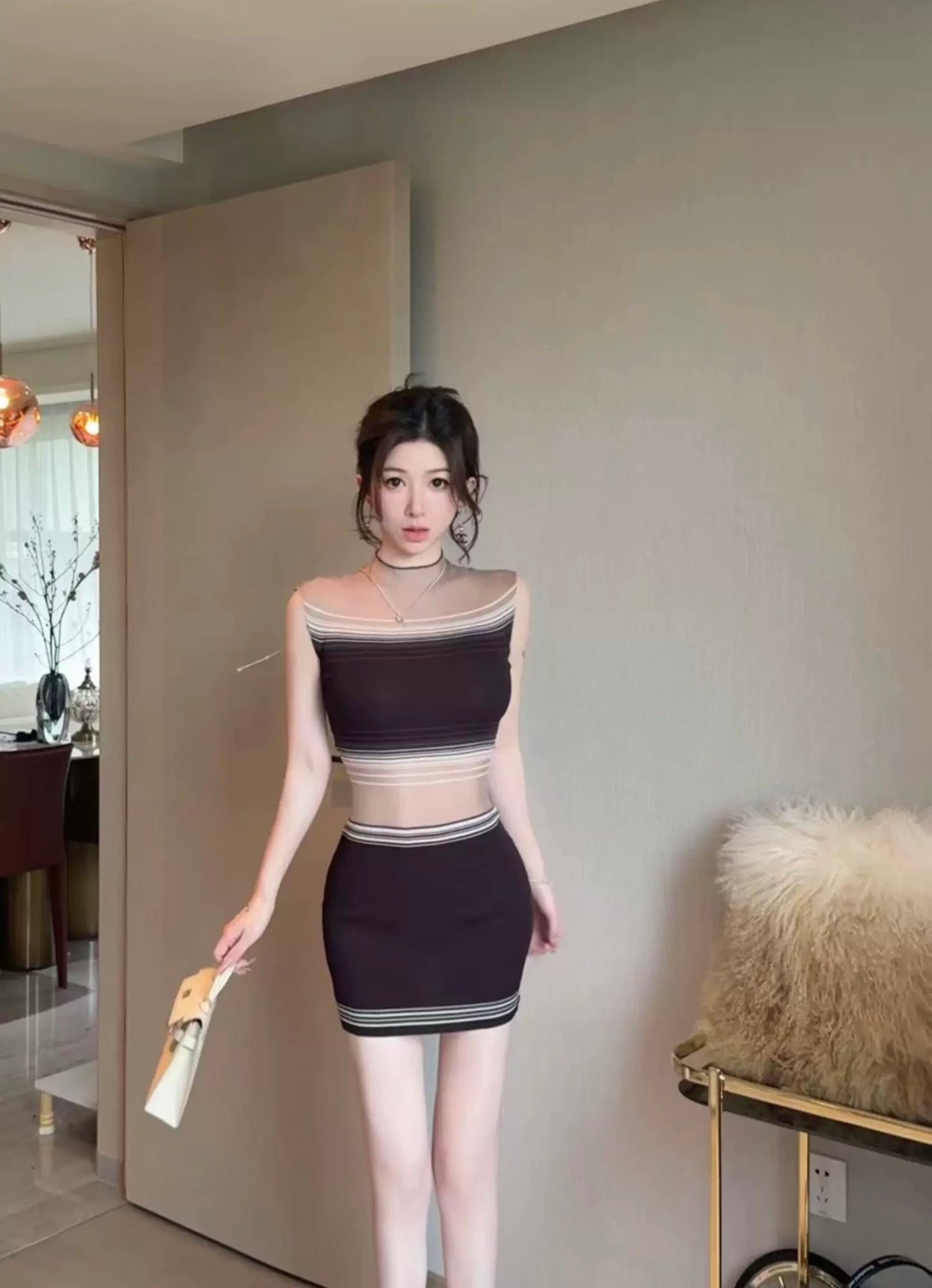 透透糖 复古气质网纱撞色条纹上衣/连衣裙 Tootoo Candy Vintage-Inspired Sheer Mesh Contrast-Stripe Top/Dress