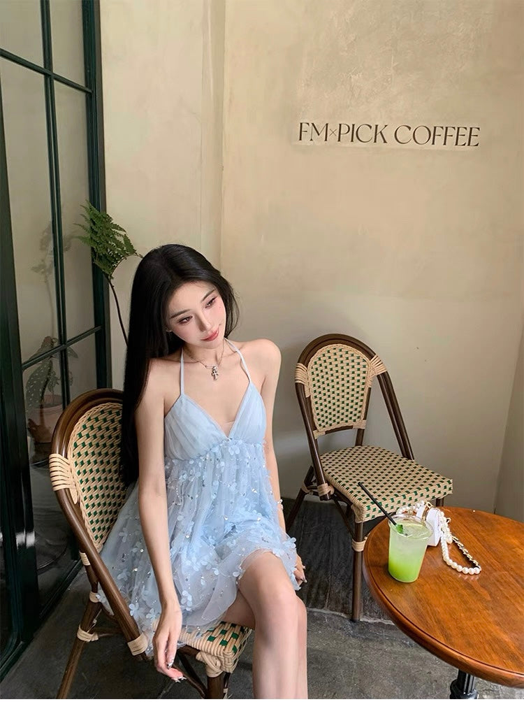 蓝色精灵 立体花朵挂脖吊带连衣裙 Blue Fairy 3D Floral Halter Neck Cami Dress