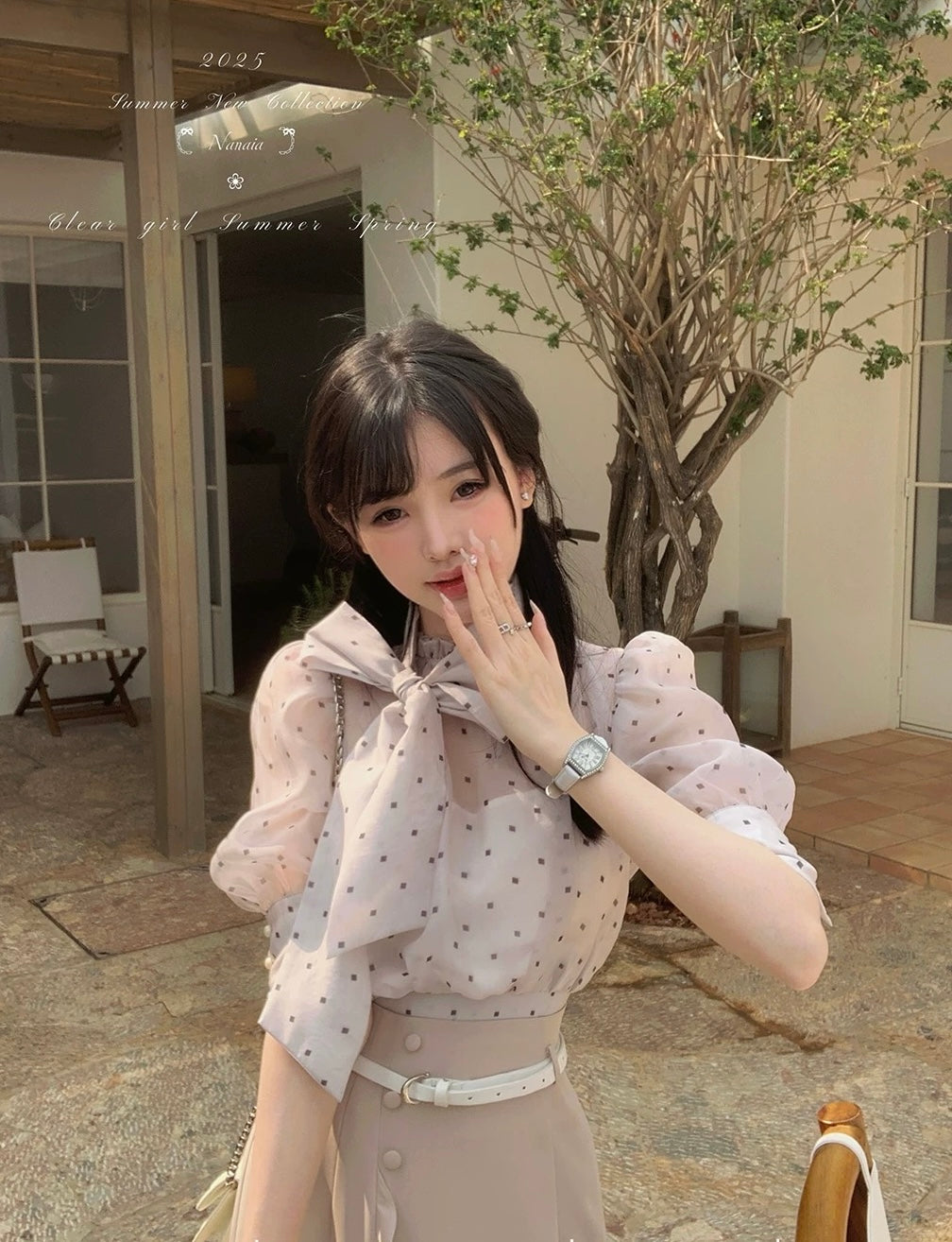 甜蜜水仙 灯笼袖微透波点不规则半裙套装